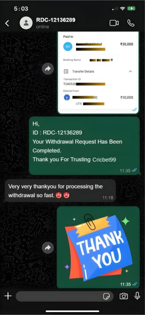 Cricbet99 Customer Withdrawal Proof