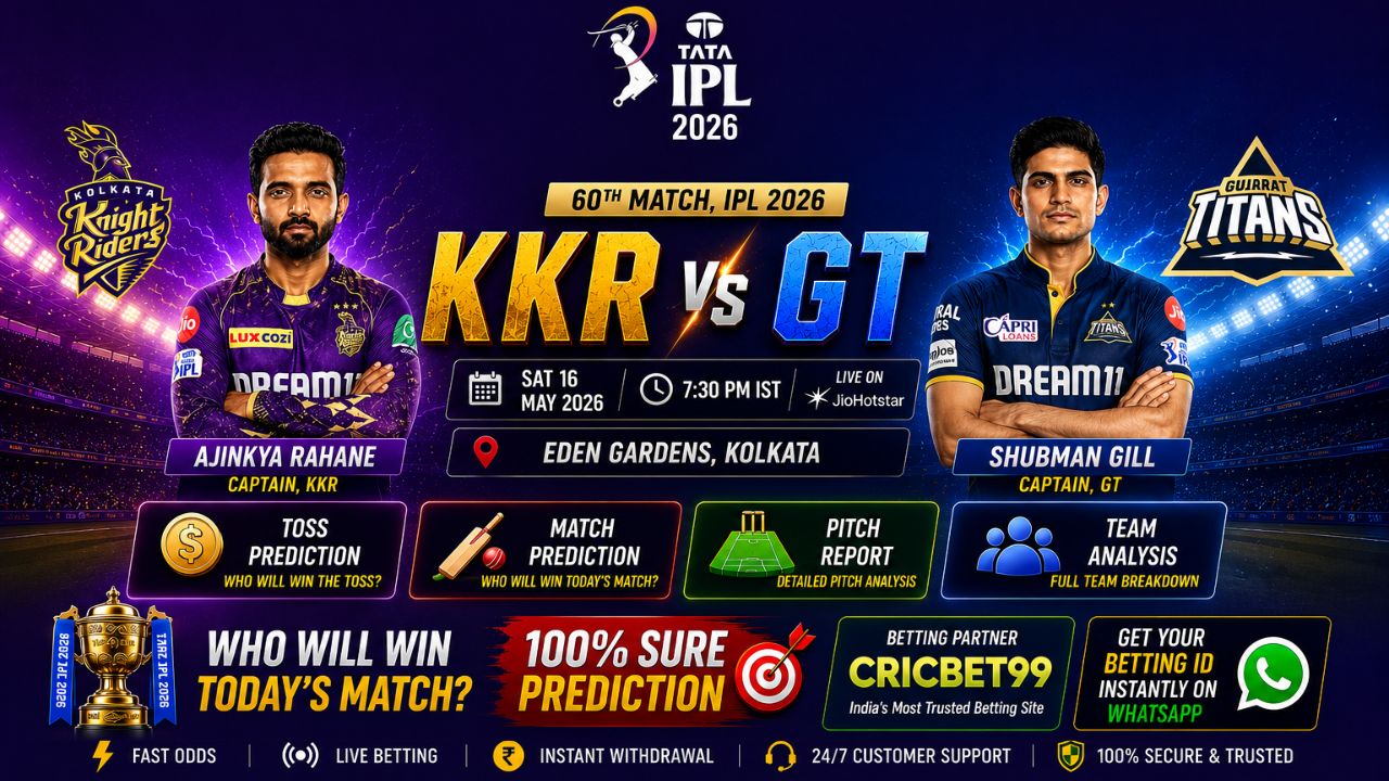Read more about the article KKR vs GT Toss & Match Prediction (100% Sure), Pitch Report, Captain Analysis: Who Will Win Today’s 60th IPL 2026 Match?