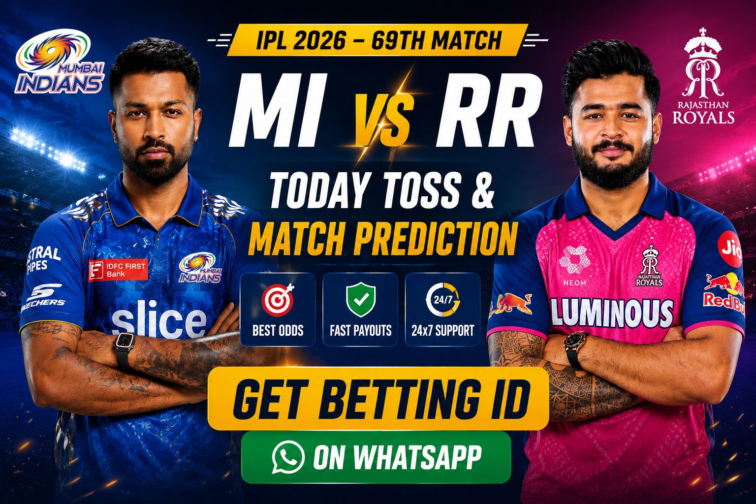 Read more about the article MI vs RR Today Toss Prediction & Match Prediction (100% Sure), Pitch Report, Captain Analysis: Who Will Win Today’s 69th IPL 2026 Match?