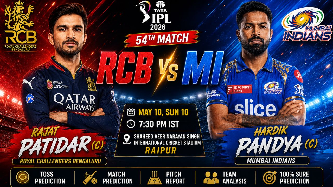 Read more about the article RCB vs MI Toss & Match Prediction (100% Sure), Pitch Report, Captain Analysis: Who Will Win Today’s 54th IPL 2026 Match?